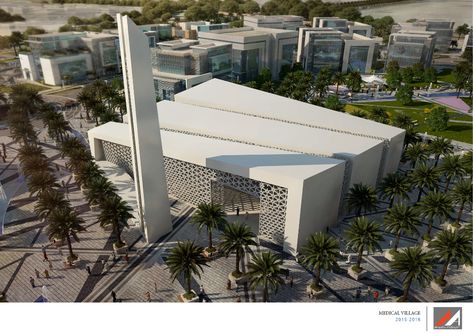 Medical Village KSA on Behance Surau Design, Masjid Architecture, Masjid Design, Islamic Museum, Residential Compound, Mosque Design Islamic Architecture, Architecture Brochures, Building Front Designs, Floating Architecture