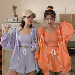 Buy Jolly Club Set: Camisole Top + Shorts + Hood Zip Jacket at YesStyle.com! Quality products at remarkable prices. FREE Worldwide Shipping available! Bestie Fits, Bff Matching Outfits, Bestie Outfits, Bff Matching, Matching Fits, Matching Outfits Best Friend, Estilo Indie, Best Friend Outfits, Cropped Camisole