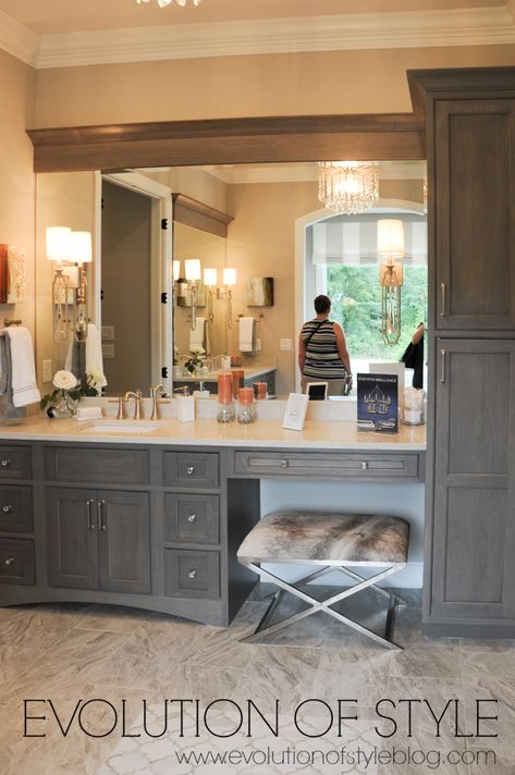 Vanity With Linen Cabinet, Vanity In Bathroom, Master Suite Bathroom, Bathroom With Makeup Vanity, Beautiful Exterior, Master Bath Vanity, Bathroom Closet, Bathroom Redesign, Bathroom Remodel Designs