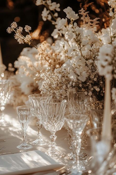 Crystal Glassware with Luxurious Floral Arrangements. Get enchanted by wedding decor ideas that remain elegant across the ages while impressing even the pickiest Aunt Mildred. Modern Romantic Wedding Theme, Classic Wedding Aesthetic Decor, Vintage Wedding Aesthetic Decor, Antique Wedding Decorations, Vintage Glassware Wedding, Timeless Wedding Decor, Glassware Wedding, Floral Archway, Wedding Glassware