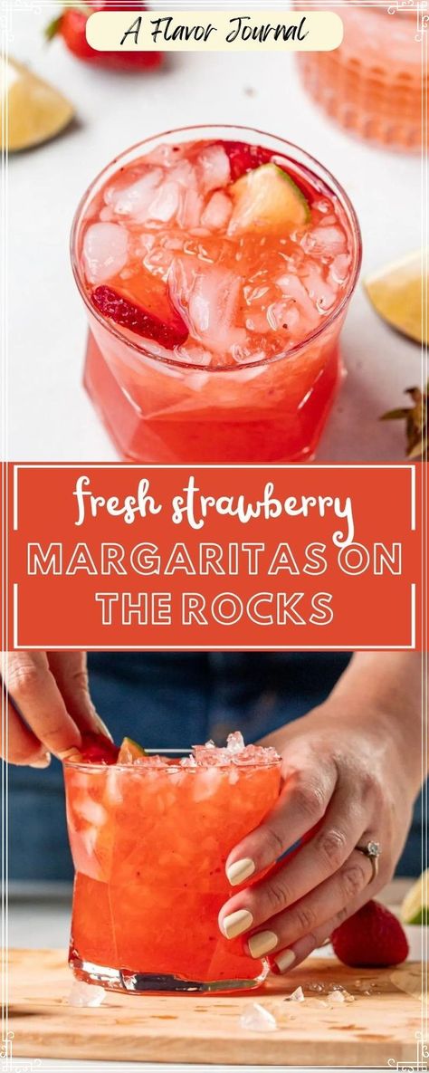 Looking for more spring drinks with strawberries? This is one is sure to become a new favorite during the warmer months! This on the rocks strawberry margarita is a straight-forward margarita on the rocks with macerated strawberries, and once the strawberries are ready, the margaritas come together in no time. SO delicious, this will be a hit as a Cinco de Mayo margarita! Fresh Strawberry Margarita Recipe On The Rocks, Big Batch Strawberry Margarita Recipe, Large Batch Strawberry Margarita Recipe, Batch Strawberry Margarita Recipe, Strawberry Margarita Recipe On The Rocks Pitcher, Easy Strawberry Margarita Recipe On The Rocks, Diy Margarita Mix Recipes, Strawberry Margarita Pitcher, Strawberry Tequila Drinks