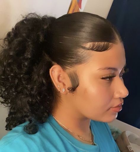 Y2k Hairstyles Edges, Slick Back Half Up Half Down Hair Curly Natural, Half Up Half Down Edges, Slick Back With Curls, Slick Curly Bun, Slickback Hairstyle Curly Hair, Curly Hair Slick Back Hairstyles, Slick Back Half Up Half Down Hair Curly, Sleek Half Up Half Down