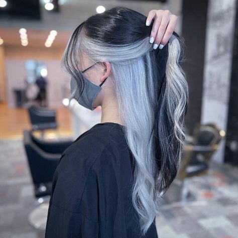 Black And Grey Peekaboo Hair, Korean Underdye Hair, Half Black Half Platinum Hair, Silver Peak A Boo Hair, Black And White Peekaboo Hair, Silver Underneath Hair, Black Hair With Platinum Underneath, Undercolor Hair, White And Black Hair