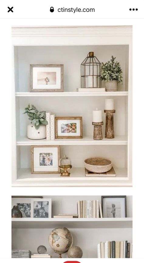 Small Book Case Decorating, Built In Cabinet Decorating Ideas, How To Style A Shelf Bedroom, Wall Unit Styling, Decorating Shelves Living Room, Bookshelf Styling With Family Pictures, Fireplace Side Shelves Decor, Living Room Open Shelving Decor, Simple Built In Decor