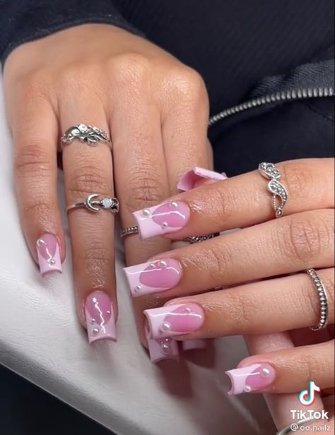 Short Pink French Tip Acrylic Nails, Short Pink Nails With Rhinestones, Cute Short Nail Sets Pink, Pink Base French Nails, Small French Tip Nails, Short Nails Birthday, Short Pink Nail Designs, Small Square Nails, Pink Short Acrylic Nails