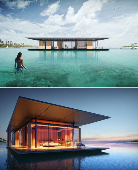 Floating House by Dymitr Malcew. I bet this would be the ideal home for most nature lovers out there. A house that floats on water, with enough rooms for a small family – it almost seems too good to be true. House On Water, Floating Architecture, Unusual Homes, Floating House, Floating In Water, Architectural Designs, Cool House Designs, Futurism, Amazing Architecture