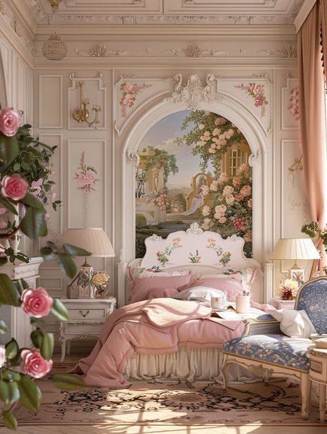 Royalty Room Aesthetic, Rococo Aesthetic Room, Rococo Bedroom Ideas, Houses With Wallpaper, Pink Rococo Bedroom, French Princess Aesthetic, Rococo Room Decor, Bridgerton Inspired Bedroom, Bridgerton Bedroom Aesthetic