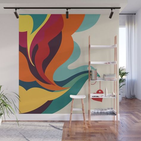 With our Wall Murals, you can cover an entire wall with a rad design - just line up the panels and stick them on. They're easy to peel off too, leaving no sticky residue behind. With crisp, vibrant colors and images, this stunning wall decor lets you create an amazing permanent or temporary space. Available in two floor-to-ceiling sizes.      - Size in feet: 8' Mural comes with four 2'(W) x 8'(H) panels   - Size in feet: 12' Mural comes with six 2' x 8' panels   - Printed on self-adhesive woven Wall Mural Around Mirror, Mural Wall Art Living Room, Wall Paint Mural, Mural Kitchen, Wall Murals Painted Abstract, Abstract Mural Art, Colourful Wall Mural, Colourful Mural, Cartoon Mural Art