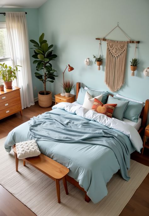 Light Blue Boho Bedroom Boho Bedroom On A Budget, Light Teal Bedroom, Light Blue Boho Bedroom, Blue Boho Bedroom Ideas, Teal Room Decor, Blue Boho Bedroom, Blue Teen Girl Bedroom, Blue Green Bedrooms, Light Blue Bedding