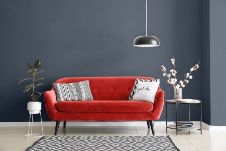 Pros and Cons of Painting the Ceiling the Same Color as the Walls Room Painting Bedroom, Red Couch Living Room, Red Leather Couches, Green Wall Color, Orange Couch, Paint Walls, Mustard Walls, Red Furniture, Red Couch