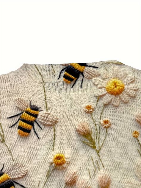 Temu | Explore the Latest Clothing, Beauty, Home, Jewelry & More Bee Sweater, Plus Size Patterns, Bee Pattern, Bee On Flower, Bee Print, Plus Size Sweaters, Fabric Collars, Knitted Pullover Sweaters, Womens Casual Outfits