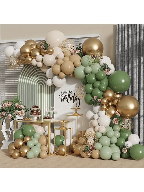 141pcs Boho Baby Shower Decor Kit - Retro Sage Green, White & Metallic Gold Balloons, Macaron Green Confetti & MoreI discovered amazing products on SHEIN.com, come check them out! Green And White Birthday Theme, Sage And Gold Decor, Green Balloon Decor, Baby Shower Verde, Gold Balloons Decorations, Verde Sage, Graduation Party Pictures, Sage Green Baby Shower, Green Confetti