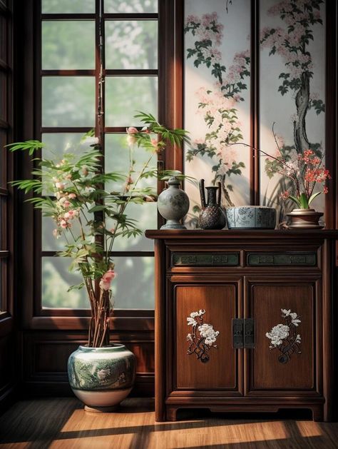 House Interior Traditional, Parlor Aesthetic, Chinese House Interior, Model Jendela, Whimsical Interior, Japanese Style Living Room, Chinese Interior Design, Asian Inspired Decor, Chinese House