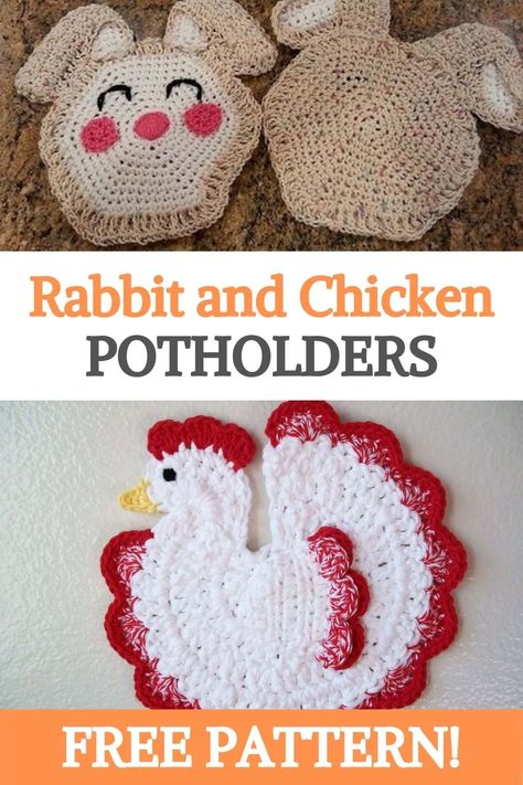 The potholders are the project to unleash your creativity, especially at Easter. Here Mr. Bunny is showing the funny side of him, jumping around the kitchen. Chicken motifs are among the most popular motifs for the kitchen. Learn to do it easily with these videos. #easter #bunnies #rabbit #chicken #crochetpotholders #urbakicrochet #learncrochet Crochet Rooster Potholder Free Pattern, Chicken Pot Holders Crochet Free Pattern, Crochet Chicken Potholder Free Pattern, Chicken Crochet Potholder, Chicken Pot Holders, Chicken Patterns, Crochet Mini Pouch, Diy Shrug, Crochet Towels