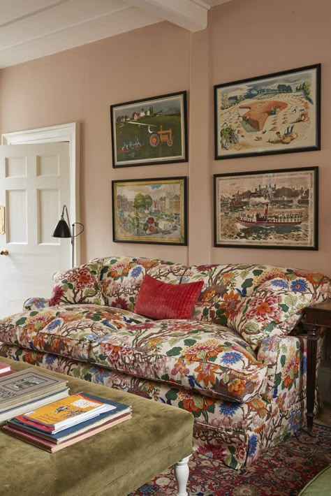 Floral Couch Living Room Vintage, Floral Sofa Living Room, Farrow And Ball Living Room, Floral Couch, Orange Curtains, Floral Sofa, Plain Curtains, Sitting Rooms, Green Cabinets