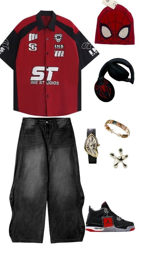 Hiphop Outfit Men, Spiderman Outfit, Street Style Outfits Casual, Cool Outfit Ideas, Cool Outfit, Outfits For Men, Streetwear Clothes, Outfit Inspo Casual, Hip Hop Outfits