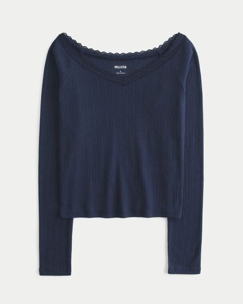 Women's Pointelle Lace-Trim V-Neck Top | Women's Tops | HollisterCo.com Pointelle Fabric, Hollister Clothes, Blue Lacy, Cozy Tops, Lace Trim Top, Low Low, List Ideas, Stockholm Fashion, Comfy Tops