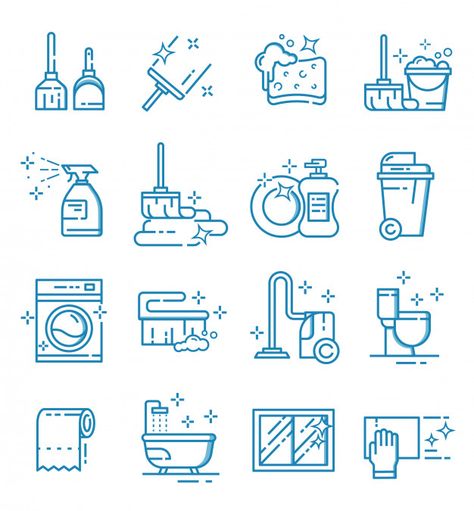 Set of cleaning service icons with outline style | Premium Vector Cleaning Cartoon, Self Service Car Wash, Washing Symbols, Logo Smart, Cleaning Icons, Cleaning Service Logo, Flat Icons Set, Cleaning Logo, Cleaning Items