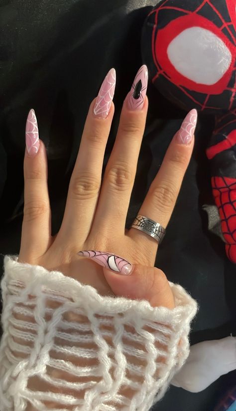 Emo Fall Nails, Black Spiderman Nails, Marvel Nails, Paznokcie Hello Kitty, October Nails, Girly Acrylic Nails, Pretty Gel Nails, Fire Nails, Funky Nails