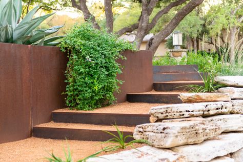 Reconnecting with the Outdoors: The Horseshoe Bay Project by Eden Garden Design - Mid Century Home Purple Lantana, Steel Retaining Wall, Boulder Retaining Wall, Zoysia Grass, Eden Garden, Horseshoe Bay, Wall Inspiration, Live Oak Trees, Garden Steps