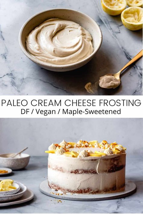 Paleo cream cheese frosting that's just as luscious as the original but made in a blender with 7 paleo-friendly ingredients in 5 minutes! Paleo Cream Cheese, Paleo Frosting Recipe, Paleo Lemon Cake, Paleo Frosting, Single Layer Cake, Coconut Cream Frosting, Sugar Free Frosting, Instant Dessert, Paleo Carrot Cake