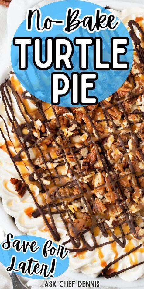 Treat yourself to a delicious turtle pie, a homemade dessert that's as easy to make as it is delicious. With layers of rich chocolate, gooey caramel, and nuts, this sweet treat is a quick and simple way to satisfy your cravings. This dessert recipe is perfect for crowds. It's a holiday treat everyone loves! Make it this holiday season! Everyone will love it. Turtle Pie Recipe, Turtle Pie, Homemade Whipped Cream Recipe, Favorite Pie Recipes, Gooey Caramel, Homemade Dessert, Favorite Pie, Creamy Desserts, Delicious Pies