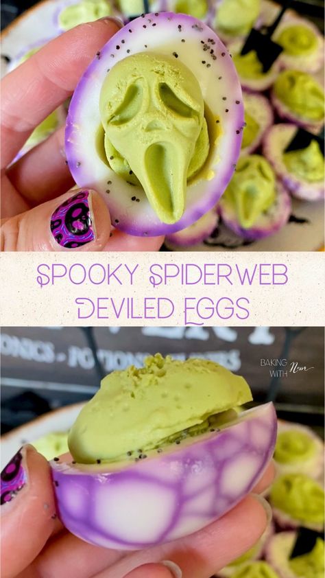 Get ready to elevate your Halloween gatherings with a spine-chilling twist on a classic! These spooky spiderweb deviled eggs with zesty wasabi mayonnaise and striking spiderweb design add such a playful touch that it will be the talk of the party! Halloween Food Ideas Deviled Eggs, Wasabi Deviled Eggs, Spider Deviled Eggs Halloween, Halloween Themed Deviled Eggs, Spooky Spider Deviled Eggs, Spiderweb Deviled Eggs, Halloween Deviled Eggs, Halloween Cookie Recipes, Pumpkin Spice Recipe