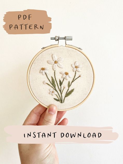 embroidery patterns Daisy Embroidery Pattern, Embroidery Pattern Floral, Wild Daisy, Daisy Embroidery, Art Pdf, Digital Embroidery Patterns, Calico Fabric, Embroidered Gifts, Embroidery Scissors