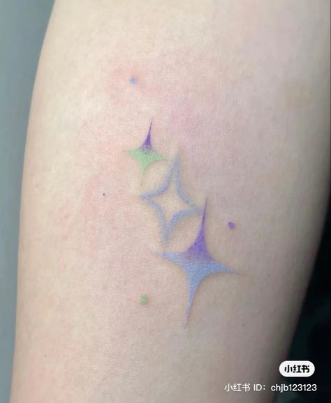 Blue Star Tattoos For Women, Rainbow Gradient Tattoo, Pastel Color Tattoo, Gradient Star Tattoo, Colour Star Tattoo, Soft Color Tattoo, Colored Star Tattoos, Light Colored Tattoos, Star Tattoo Color