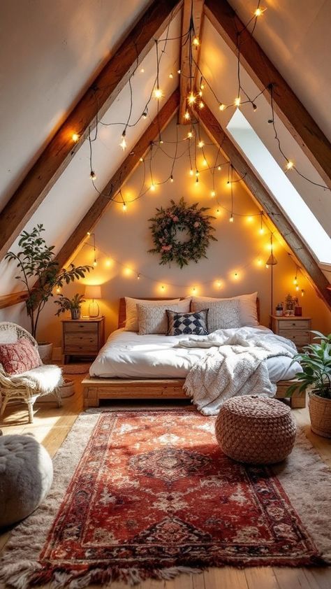 Add rustic charm to your loft with wood accents and cozy details 🪵🏠. Perfect for snug spaces! Cosy Loft Bedroom Ideas, Bedroom Inspirations Loft Bed, High Ceiling Studio Apartment, A Frame Loft Bedroom, Loft Snug, Cute Loft Apartment, Small Loft Bedroom Ideas, Garage Bedroom Ideas, Industrial Loft Bedroom