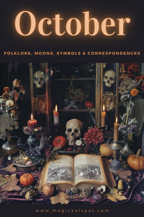 Embrace the mystical veil of 🍂 October with 'Folklore, Moons, Symbols & Correspondences.' Celebrate the Hunter's Moon, Samhain's magic, and the deepening of autumn. 🌕🎃 Explore the month's lore, from ancestor honor to the thinning veil, and the powerful symbols and energies that make October a time of transformation and connection. Perfect for those diving into the shadows to find light. Let the enchantment of October inspire your magical journey. 🕯️🔮 Samhain Symbols Witches, September Correspondences, October Correspondences, Witchcraft Samhain, Monthly Correspondences, Autumn Witchcraft, Sabbats Correspondences, Samhain Correspondences, Month Magical Correspondences