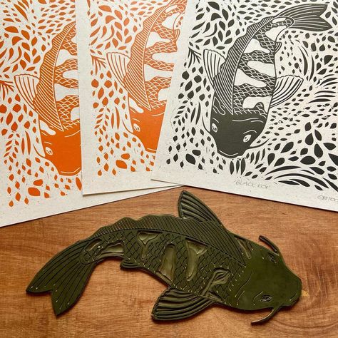 Koi Fish Lino Print, Koi Fish Linocut, Fish Linocut, Lino Cut Ideas, Koi Fish Print, Coy Fish, Linocut Ideas, My Policeman, Print Stamp