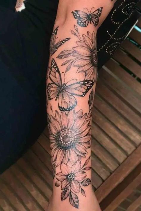 Butterfly Sleeve Tattoo, Half Sleeve Tattoos Forearm, Sunflower Tattoo Sleeve, Arm Sleeve Tattoos For Women, Butterfly Tattoos For Women, Forarm Tattoos, Tattoos For Women Half Sleeve, Hip Tattoos Women, Floral Tattoo Sleeve