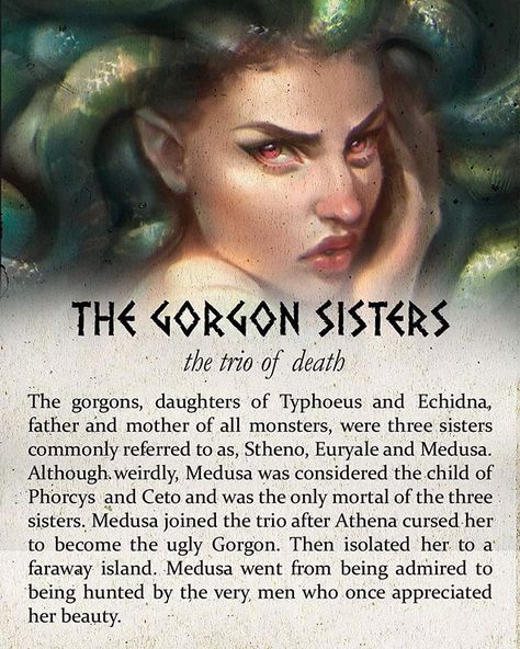 Greek Mythology (@greeklore) • Gorgons • Typhon • Typhoeus • Monsters • Medusa • Phorcus and Ceto • Athena Greek God Meanings, Gorgon Sisters, Zeus Hades, Greek Mythology Goddesses, Greece Mythology, Medusa Art, World Mythology, Greek Mythology Gods, Greek Myth