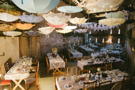 upside down umbrella ceiling at wedding reception Rustic Bunting, Reception Ceiling, Food Display Table, Paris Theme Wedding, Vintage Lights, Umbrella Decorations, Lights Wedding Decor, Bridal Theme, Amazing Wedding Photography