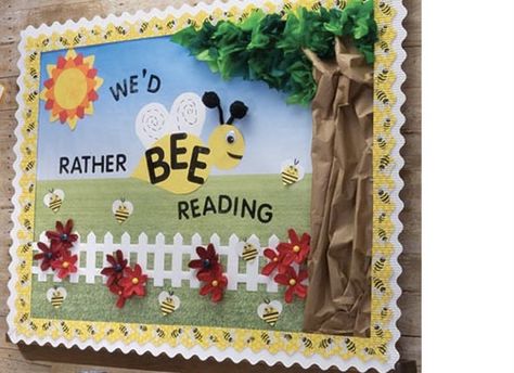 Bee Display Board, Bee Library Bulletin Board, Library Decor Ideas, Spring Library, Garden Theme Classroom, Reading Preschool, Nursery Library, Reading Corner Classroom, Classroom Decor Ideas