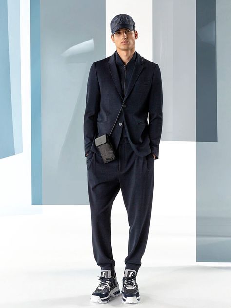 Emporio Armani Delivers Graphic Prints & Neutrals for Spring '20 Collection Armani Menswear, Armani Style, Emporio Armani Men, Armani Collection, Camouflage Pants, Baggy Shorts, Male Fashion, Armani Men, Double Breasted Suit