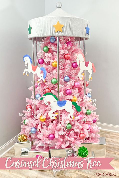 Carousel Christmas tree Carousel Christmas Tree, Circus Themed Christmas Tree, Carnival Christmas Tree, Christmas Tree Decorating Contest Ideas, Circus Christmas Tree, Toyland Christmas Theme, Christmas Tree Contest Ideas, Pink Gingerbread Christmas Tree, Kid Christmas Tree