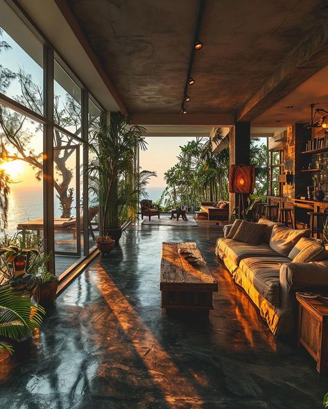 window views of coast from living room Bali Style Home, Tropical Interior Design, Modern Tropical House, Bali House, Tropical Living, Concrete Home, Home Architecture, Tropical House, Modern Tropical