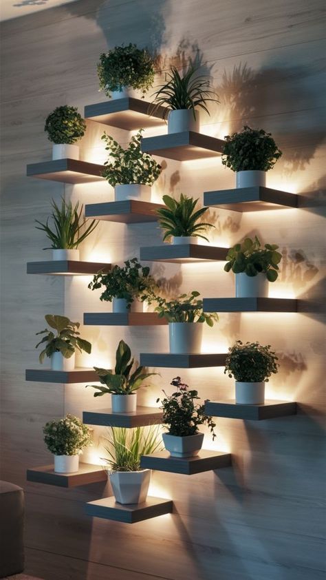 Diy Plant Wall Shelf, Minimalist Plant Bedroom, Plants In Office Space, Office Plants Decor, Wall Design Ideas Creative, Garden Wall Decor Outdoor, Plant Wall Ideas Indoor, Hall Decor Ideas, Hall Decoration Ideas