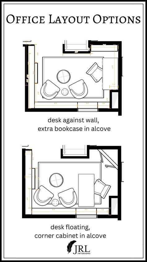 office layout options Office Sitting Room Combo Layout, Home Office With Library, Office With Library, Office And Library Combo, Office Library Combo, Office Sitting Room Combo, Library Layout, Diy Home Library, Alcove Desk