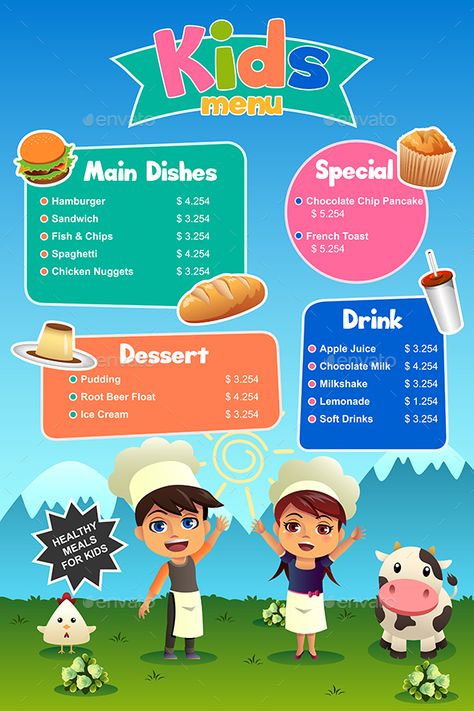 Kids Party Menu Ideas, Kids Menu Ideas Restaurants, Kids Menu Ideas, Kids Menu Design, Kids Party Menu, Kids Restaurants, Kids Cafe, Food Menu Template, Kids Meal