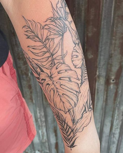 Botanical Half Sleeve Tattoo Upper Arm, Tropical Leaf Tattoo Sleeve, Jungle Foliage Tattoo, Plant Leaf Tattoo Sleeve, Tropical Half Sleeve Tattoos For Women, Variegated Monstera Tattoo, Plant Arm Sleeve Tattoo, Banana Leaves Tattoo, Realistic Plant Tattoo