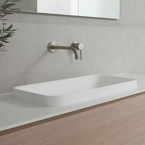 Simple installation Durable and easy to maintain Gloss or Matte white finish Dimensions 500mm x 250mm x 100mm 45mm above benchtop Matching 32mm waste available separately Description This lovely basin has a rectangular semi-inset design. This basin is designed to a durable and stylish eye catcher in just about any bath Semi Inset Basin Bathroom, Solid Surface Basin, Semi Inset Basin, Tile Cloud, 80s Bathroom, Ensuite Vanity, Light Wooden Floor, Basin White, Architectural Designer