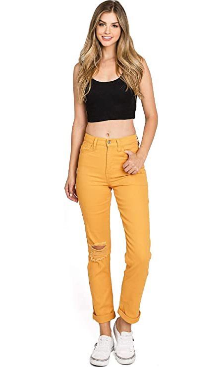 High-rise jeans ina vibrant color wash with light distressing on one knee. Slim straight-legwith an adjustable cuffedhem. Traditional 5-pocket construction with a zip fly and button closure. Classicdenim feel with a stretchy fit. #celebritypink #highrise #jeans #fashion #women #celebrityjeans Celebrity Jeans, Ripped Mom Jeans, Distressed Mom Jeans, Kick Flare Jeans, Celebrity Pink, Denim Joggers, Slim Straight Jeans, Wide Leg Denim, High Rise Jeans