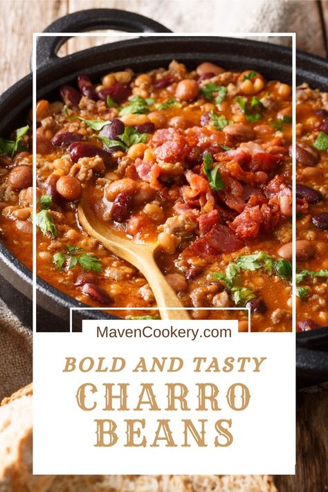 Charro Beans (Frijoles Charros) - Upgrade your classic basic baked beans recipe with these amazing Charro Beans. Also known as Frijoles Charros and Mexican Cowboy Beans, this easy charro beans recipe is made with pinto beans, bacon, chipotle adobo pepper, and just a handful of other pantry staple. They are the perfect combination of smoky and savory flavors with just a hint of spice in every bite - so you know this will disappear fast at potlucks! | Maven Cookery Easy Charro Beans, Charro Beans Recipe, Chipotle Adobo, Mexican Cowboy, Mexican Main Dishes, Charro Beans, Baked Beans Recipe, Cowboy Beans, Baked Bean Recipes