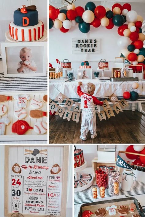 Sports Themed 1st Birthday Party, Party Favor Table Birthday, Rookie Of The Year First Birthday Goodie Bags, 1 St Birthday Baseball Theme, Modern First Birthday Boy, Boy’s First Birthday Themes, One Party Themes, 1yr Birthday Party Ideas Boy, Home One Birthday Party Ideas