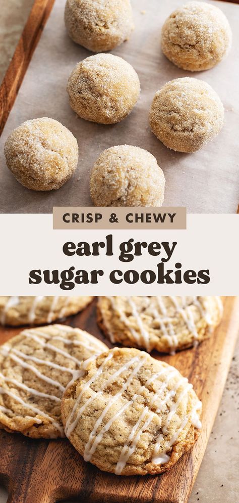 These earl grey sugar cookies are crisp on the outside and chewy in the middle. They're full of earl grey tea flavour and topped with a lemon glaze! #earlgrey #cookies #sugarcookies | teakandthyme.com Earl Grey Blueberry Cookies, Less Sweet Cookies, Cookies Made With Tea, Early Grey Cookies, Earl Gray Recipes, Vegan Earl Grey Cookies, Earl Grey Tea Cookies, Earl Grey Sugar Cookies, Earl Grey Baking