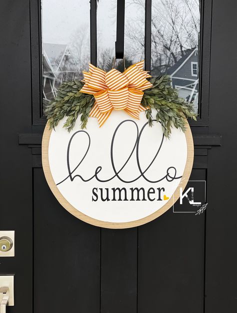 Excited to share this item from my #etsy shop: Hello Summer Door Hanger | Front Door Decor | Summer Door Sign | Summer Decor | Summer Sign | Summer Door Decor | Front Porch Decor Front Door Decor Summer, Summer Porch Signs, Summer Door Decor, Farmhouse Summer Decor, Summer Front Porch Decor, Decorative Wreaths, April Crafts, Round Signs, Decorated Wreaths