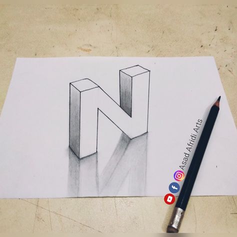 Letter N Drawing, Cool Letters To Draw, Photo Name Art, 3d Calligraphy, How To Draw 3d, 3d Pencil Drawings, Draw 3d, Alphabet Drawing, Word Drawings